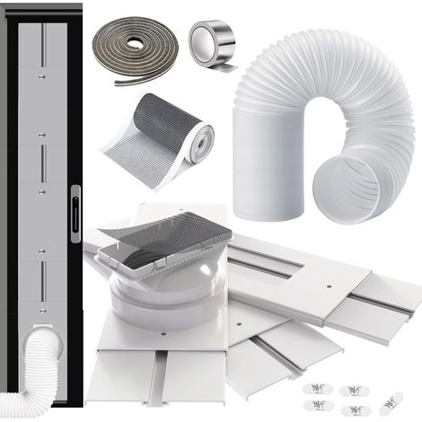 Joint kit fenetre pour climatiseur mobile 240cm-6 Panneaux Coul.Réglables, Raccord Universel13/15cm + Tuyau Φ15cm, Iso. & Évac., filtre écran, Porte/Fen Coul., Inst. Sans Outil