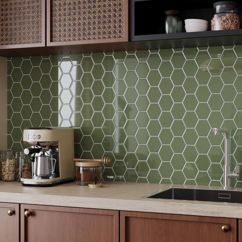 3D Stickers Muraux Hexagonal Vert Olive Moderne 30.5cmx30.5cm 10 Pièces Carrelage Adhesif Mural Credence Adhesive pour Cuisine Stickers Muraux Salle de Bain Imperméable Toilettes Cheminée (1/5)