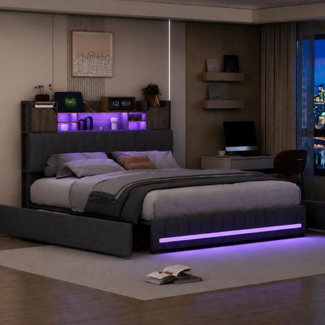 Lit 140x190 cm, 4 tiroirs de rangement, LED, ports USB, revêtement lin gris discret (1/5)