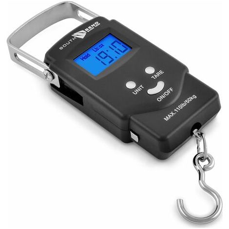 Digitale Hänge-Angelwaage und Maßband von South Bend mit hintergrundbeleuchtetem LCD-Display. Tragkraft: 50 kg (Batterien im Lieferumfang enthalten). (1/4)