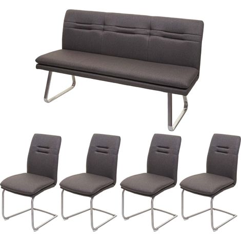 Set panca con 4x sedie a slitta sala pranzo soggiorno cucina HHG-930 tessuto acciaio inox, grigio fango 160cm