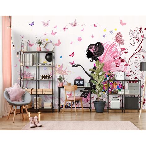 Vlies Fototapete Kinderzimmer 150x105 cm Frau Rosa - Fototapeten Tapeten für Kinder Mädchen - Kindertapete - Kinderzimmertapete Schmetterlinge weiß, WallArena (1/4)
