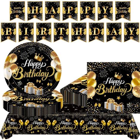 Partygeschirr Set Schwarz Gold für 16 Gäste, 52 Teile, Geburtstag Deko