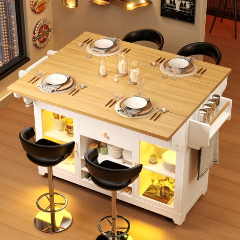 Îlot de cuisine extensible 120×40-80×95cm,bande lumineuse LED RVB,Table de bar avec rangement et casier à vin,Table à manger,buffet,Blanc