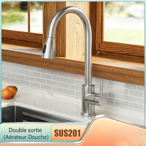 Mitigeur Cuisine Extractible 3 Modes - Laiton 59A, Rotation 360°, Douchette Rétractable - Finition Brossé