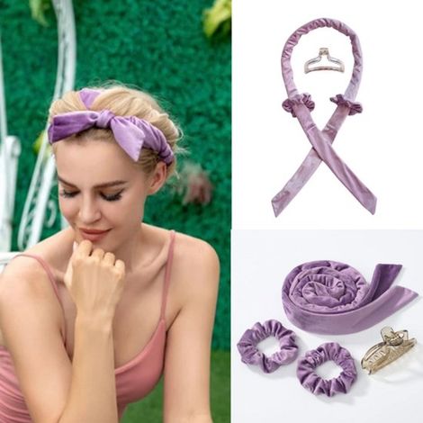 Kit de 4 pièces pour boucles sans chaleur : bigoudis, fer à friser, élastiques et pinces à cheveux, flanelle, violet. (1/5)