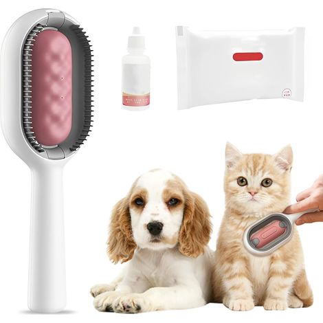 4 en 1 Peigne Epilation pour Animaux Compagnie, Brosse chien avec réservoir d'eau, Brosse chat avec lingettes humides, Brosse poils animaux, pour massage, soin et retrait des poils (Poil short/rose) (1/5)