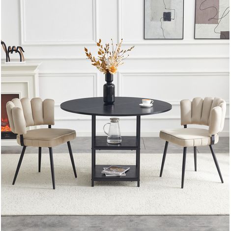 Set tavolo da pranzo con 2 sedie 107x107x75 cm, doppio ripiano, schienale a fiore, MDF e metallo nero, tessuto caffè chiaro (1/5)