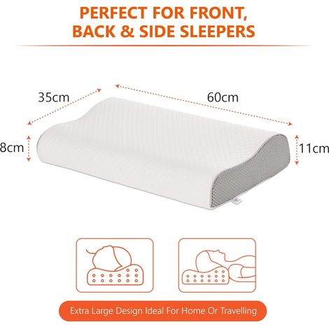 Oreiller de luxe en mousse à mémoire de forme Oreiller ergonomique cervical anti-ronflement pour dormeurs sur le ventre, le dos ou le côté Grande taille : 60 x 35 x 9-11 cm-AquaForge (1/5)