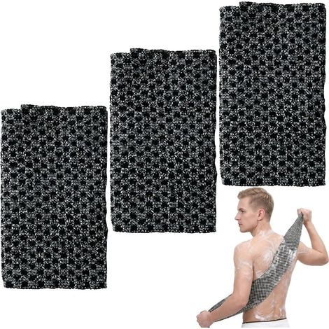 Set di 3 teli da bagno esfolianti, accessorio in rete di nylon (25 x 100 cm) per la schiena, adatti a uomini e donne con pelle sensibile, colore nero. (1/5)