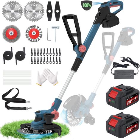 Coupe-Bordures/débroussailleuse 21 V avec Brosse de désherbage, Coupe-Bordures sans Fil 2 en 1, 6 Lames différentes, incluant 2 Batteries 4,0 Ah et Un Chargeur, (Light Blue) (1/5)