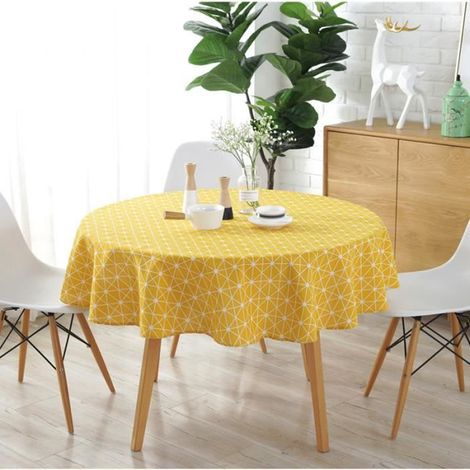 150CM Nappe de Table Ronde Colorée Tissu Nordique Polyester Coton Linge Ménage Jardin à Manger Vaisselle Plaine Cuisine Jaune (1/4)