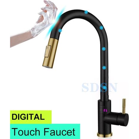 (touch-noir or-G1/2) Robinet de cuisine numérique tactile en acier inoxydable 304, mitigeur eau chaude/eau froide monotrou. (1/5)