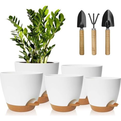 17.8/16.5/15.2/13.9/12.7cm Plastic Flower Pots Self-Watering Plant Pots with Saucer Suitable for Indoor and Outdoor Balcony Gardens (1/5)
