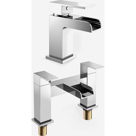 Ozone Modern Waterfall Basin Sink Mono Lever Tap and Bath Filler Tap + Free Waste (1/5)