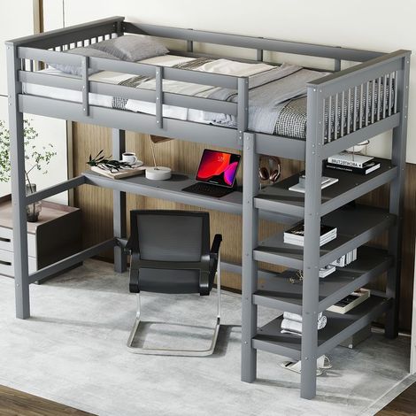 Lit mezzanine 90x200 cm lit enfant avec rangements et bureau sous le lit, en bois de pin, gris, sans matelas (1/5)