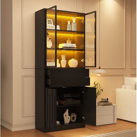 Vetrina 70.0x34.0x180.0 cm con LED Bluetooth, 2 cassetti, ripiano regolabile, pannello truciolare nero (1/5)