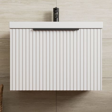 Fluted 600mm Bathroom Vanity Unit Basin Wall Hung Cupboard Soft Close Matt White (1/5)