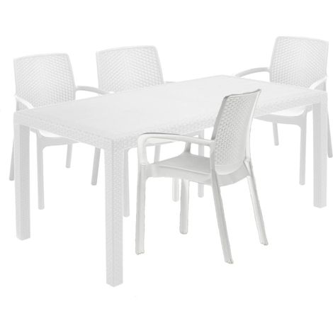 Dmora - Set salotto da esterno Roccaraso, Salottino outdoor e indoor, Tavolo rettangolare fisso con 4 sedie impilabili, Made in Italy, Bianco