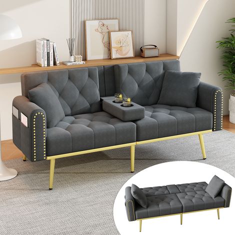 Canapé 2 places - Canapé convertible - Canapé-lit 175x80x73.5cm - 3 positions d'inclinaison et porte-gobelets - velours gris (1/5)