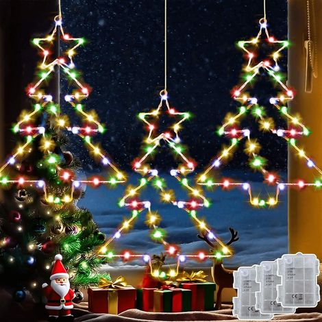 Lumineuse de Noël de Fenêtre, 3 Pièces 55 LED Decoration Noel Exterieur à Pile, Imperméable Etoile Lumineuse Noel Sapin avec Minuterie Ventouse ronde avec crochet - Couleur (1/5)