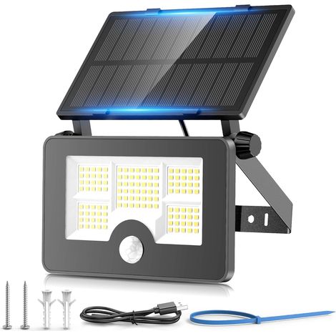 Outdoor solar motion sensor security lights, 122 LEDs, 4 modes, USB rechargeable, solar powered wall light, pole for outdoor garden, IP65 waterproof solar PIR lighting