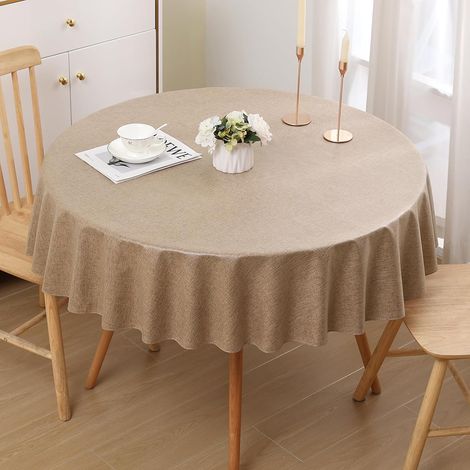 1 Nappe Ronde 140 cm Aspect Lin Imperméable Anti-tâche Polyester pour Salle à Manger Jardin Marron Clair