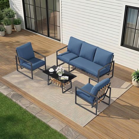 YODOLLA 5 Seater Outdoor Garden Furniture Set, Modern Metal & Faux Rattan Slat Patio Lounge Set for Garden