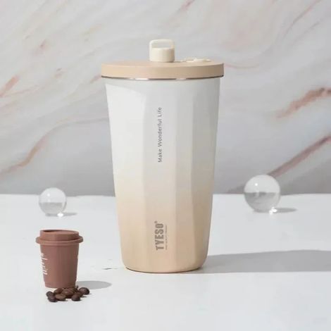 Mug isotherme en acier inoxydable marron (600 ml) avec paille, idéal pour la voiture. (1/2)