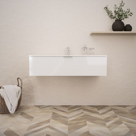 Inda - Badezimmerschrank B.120 mit glänzendem Waschbecken / Weiß glänzend 1 Schublade - Topazio