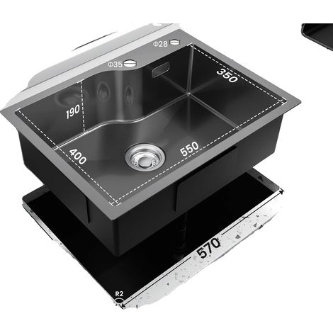 Évier de cuisine, revêtement nano-avancé, design de cuve spacieux, Nano Noir 60 x 45 cm (1/2)