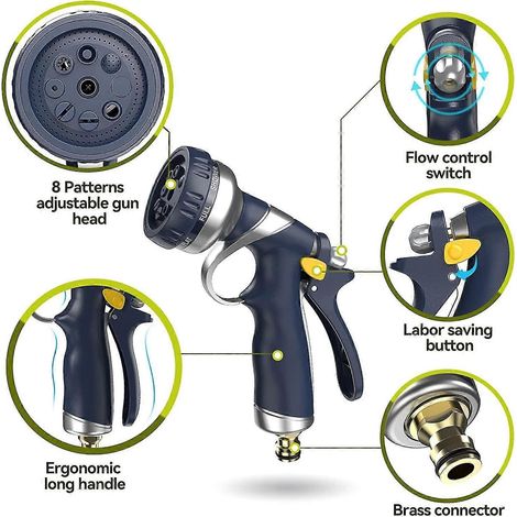 Yaju Garden Hose Spray Gun With 8 Adjustable Patterns, Heavy Duty Metal Hose Pipe Spray Gun Zinc Alloy High Pressure Spray Nozzle Perfect For Car A (1/4)