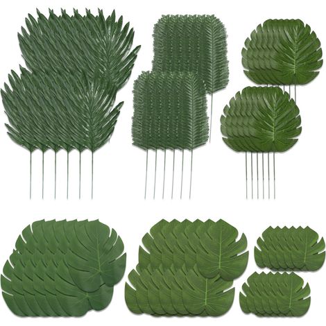 Relaxdays Set da 72 Foglie Tropicali Decorative, Fogliame Artificiale di Monstera, Felce e Palma, Deco per Feste, Verde