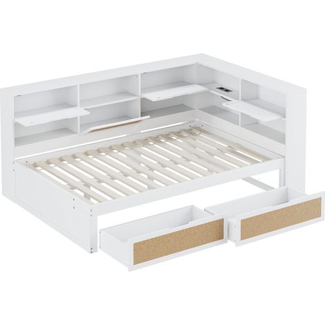 Letto multifunzionale 140x200 cm bianco con cassetti e porta USB MODENUIT (1/5)