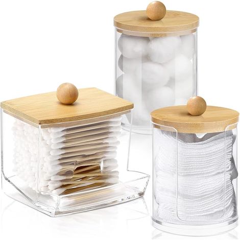 3 Pièces Boite Coton Tige, Rangement Coton Tige avec Couvercle en Bambou, Distributeur de Cotons-Tiges en Acrylique pour Coiffeuse et Salle de Bain (1/5)