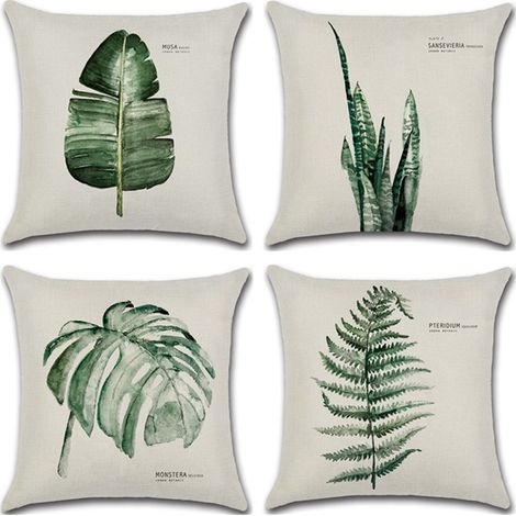 BEBUSINGOTO Juego de 4 fundas de almohada decorativas de 18 x 18 pulgadas, fundas de cojín de hojas verdes, perfectas para patio, jardín, sala de estar, sofá, decoración de granja. (1/5)