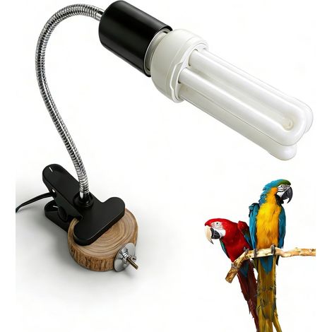 Kit Lampe pour Cage à Oiseaux, 2,4% UVB UVA Ampoule Culot E27 Lampe à Pince avec Plaque en Bois Ampoule Fluorescente Compacte 20W, Lumière UVB pour Tous Types d’Oiseaux en Captivité (1/5)