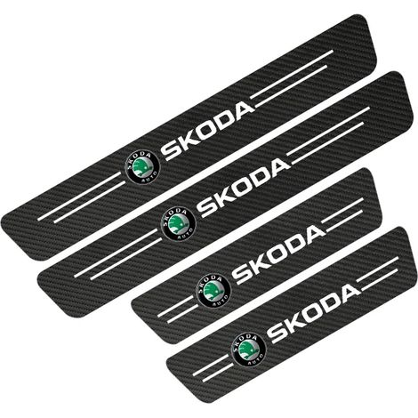 (Pour Skoda, lot de 4) Seuils de porte autocollants en cuir imitation fibre de carbone, protection anti-marche arrière, compatibles avec Skoda Octavia VRS, Rapid, Kodiaq, Fabia, Karoq, Superb et Scala (1/4)