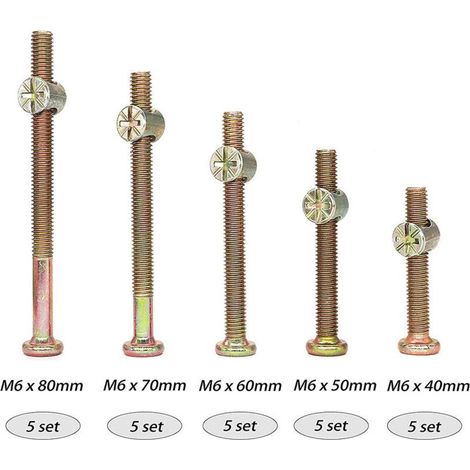 Kit de vis et écrous pour cadre de lit — Quincaillerie pour lits de bébé et fixations pour lits superposés (Lot de 25 vis M6 : 40 mm, 50 mm, 60 mm, 70 mm, 80 mm) — Kit d'assemblage de meubles (1/4)