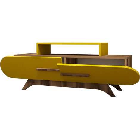 Dmora - Mobile porta TV Praesepem, Credenza da soggiorno, Armadio basso per TV, Base parete attrezzata, 145x37 h50 cm, Noce e Giallo