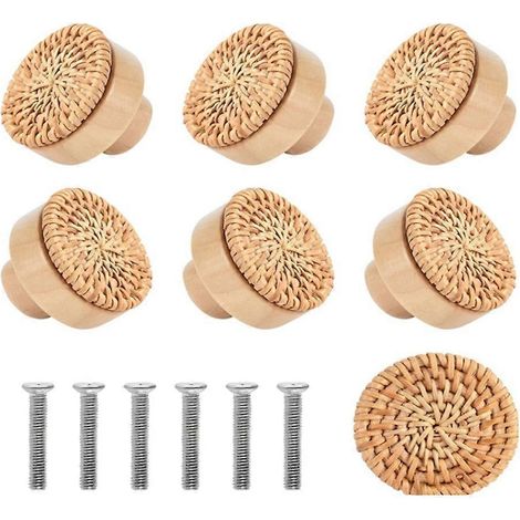 Lot de 10 poignées en bois de hêtre et rotin, boutons de tiroir, poignées de meuble, poignées de porte de placard de cuisine, poignées de commode, 30 mm (1/5)