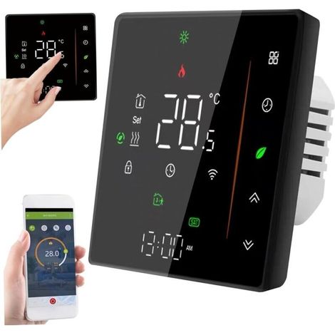 Thermostat intelligent WiFi, programmable à la semaine, contrôle tactile/application mobile/contrôle vocal, compatible Alexa/Home, pour plancher chauffant électrique 16A (noir)