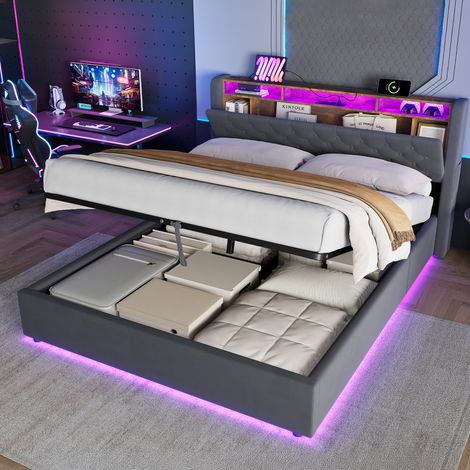 Letto contenitore per adulti 160x200 cm con illuminazione a LED e presa elettrica, testiera ribaltabile e vano contenitore, materasso non incluso, velluto grigio scuro (1/5)