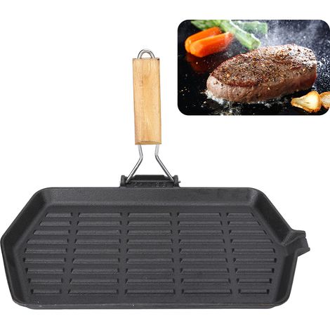 Poêle à Griller en Fonte 21x35 cm, Antiadhésive, Pliante et Portable pour Steak, Chauffage Uniforme avec Manche en Bois