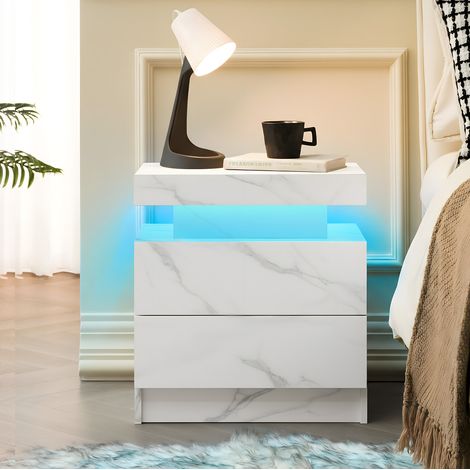 Mesita de noche LED con 2 cajones, blanco mate, madera de ingeniería HAVRYA (1/5)