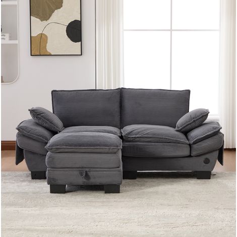Sofá modular de 2 plazas con reposapiés en tela tipo pana gris oscuro OKWISH (1/5)