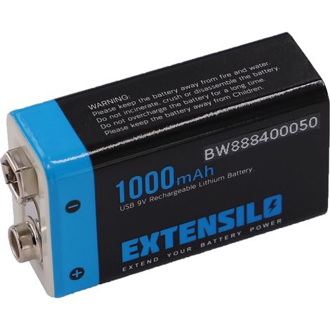 EXTENSILO Pile bloc batterie 9V pour divers appareils (1000mAh, 9V, Li-ion), prête à l'emploi, avec port micro-USB