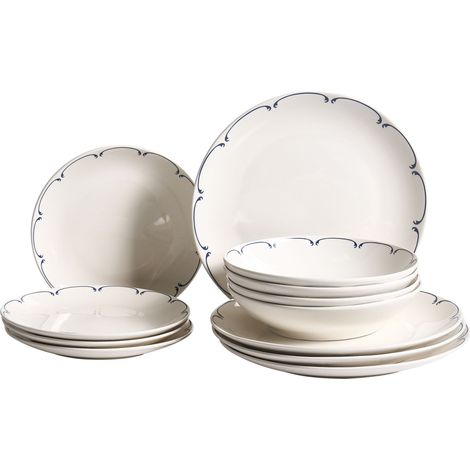Set of 12 Dinnerware White and Blue Decorative Edges Porcelain Transparent Glaze Finish Kitchen Dining Room CHAROLI