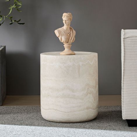 Table ronde en résine fibre de verre imitation travertin, Ø40x45 cm, imperméable et résistant aux rayures, petite table d'appoint pour salon, chambre et balcon, aspect pierre moderne, vendu en lot (1/5)