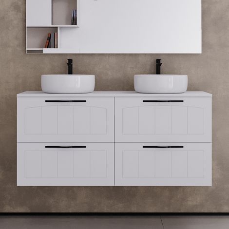 Meuble de salle de bain 120cm avec plateau et deux vasques à poser rondes - 4 tiroirs - sans miroir - blanc - PIA (1/5)